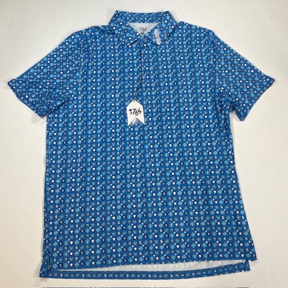 1764 Signature Golf Polo Shirt XL Blue BBQ Grill Print‎ Short Sleeve Mens